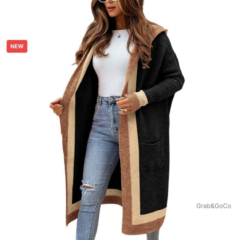 Oversized Hooded Cardigan Sweater Color Block Striped Chic Long Open Front